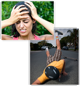 female athlete with head pain & skateboarder falling