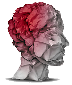 crumbled paper head with red area around brain
