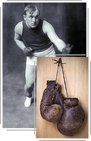 period photo of pugilist & old-style boxing gloves