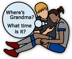 adult examining dazed girl athlete who is saying, "Where’s Grandma? What time is it?"