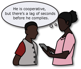 young athlete being examined by medical professional who thinks, "He is cooperative, but there"s a lag of seconds before he complies."
