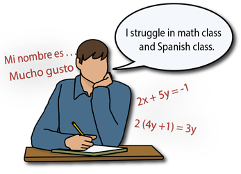 young man at desk with "I struggle in math class and Spanish class