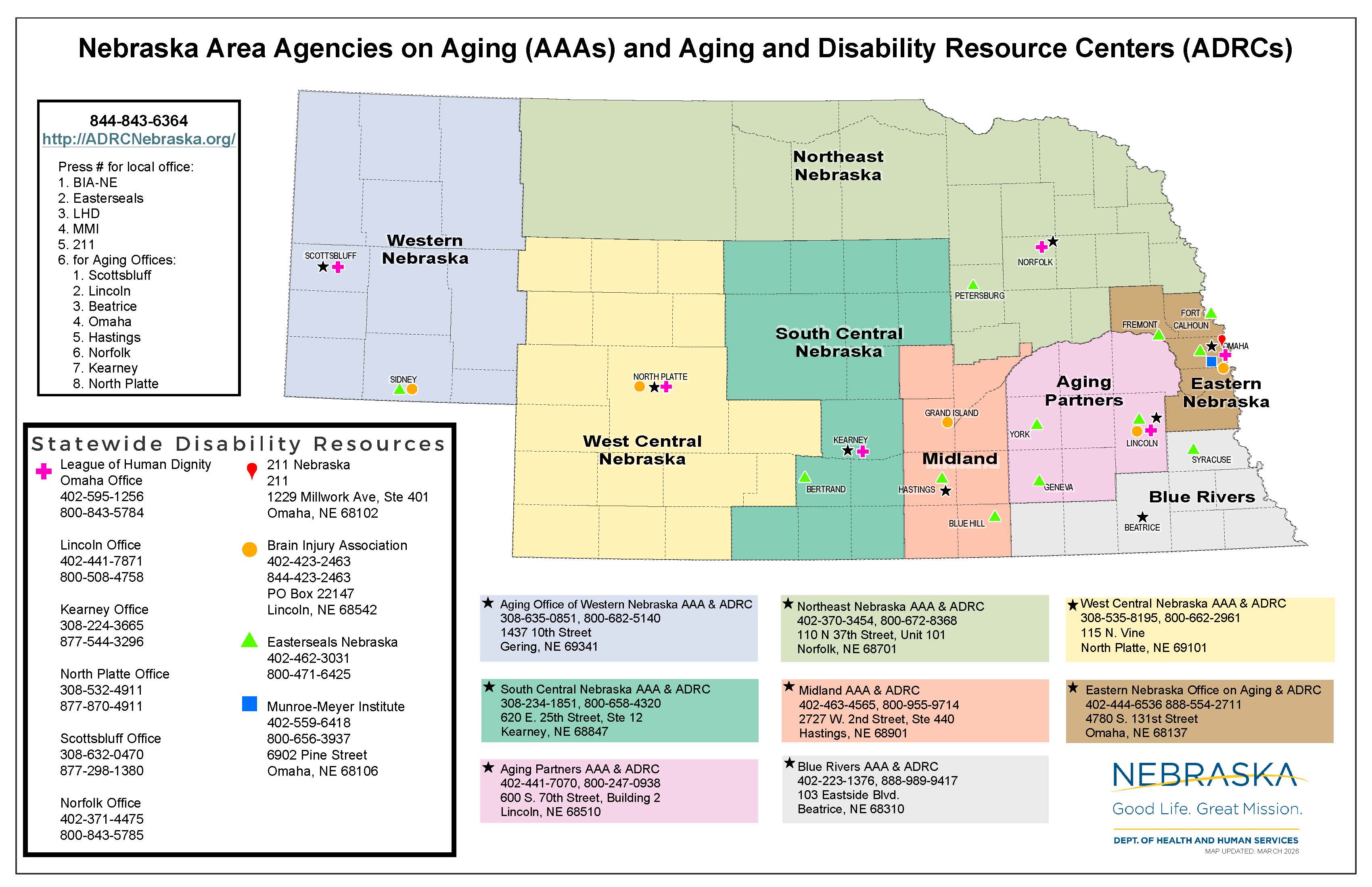Nebraska map with AAA and ADRC offices