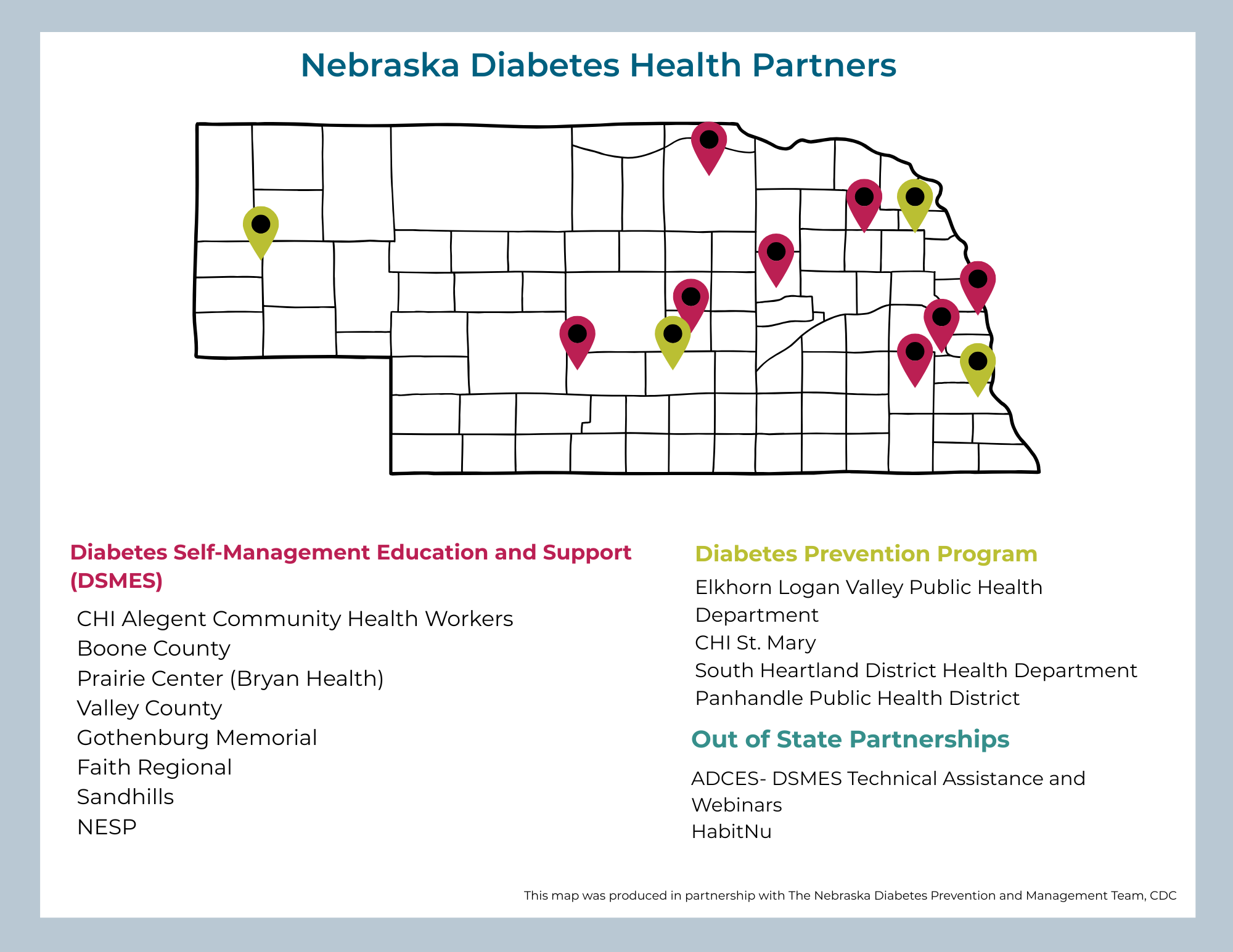 Map of Nebraska Diabetes Health Partners - Click to view the accessible PDF