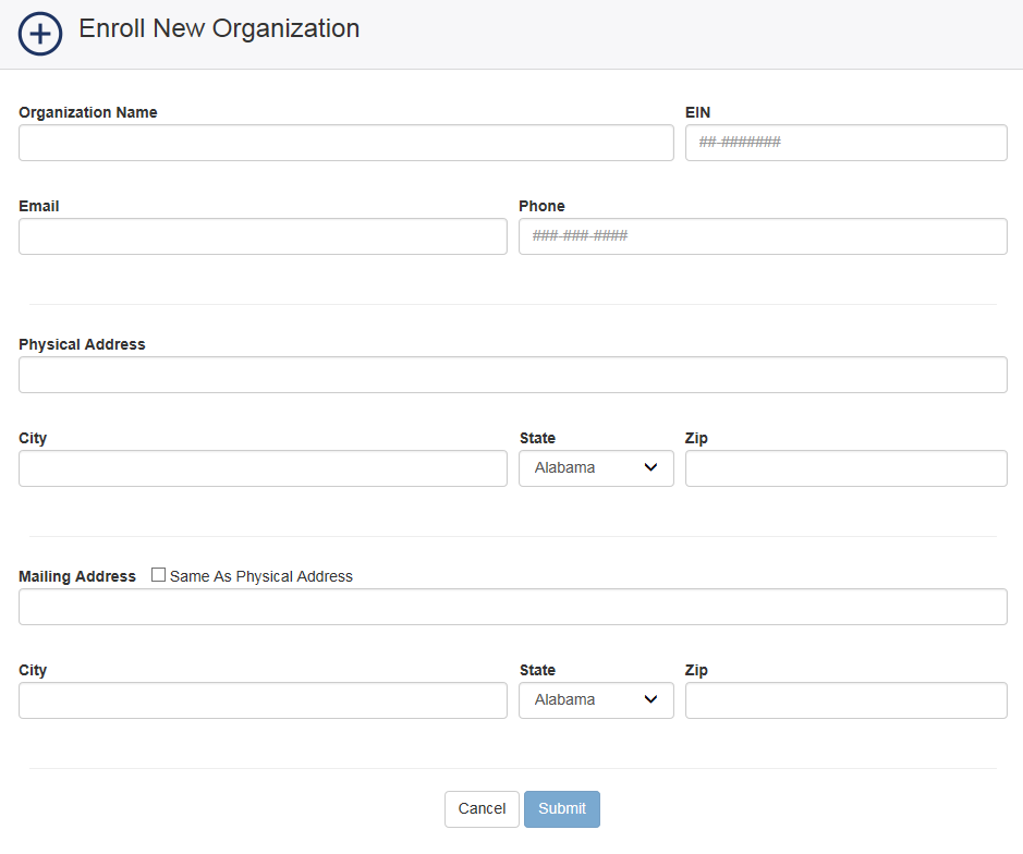 Screenshot of Enroll New Organization page