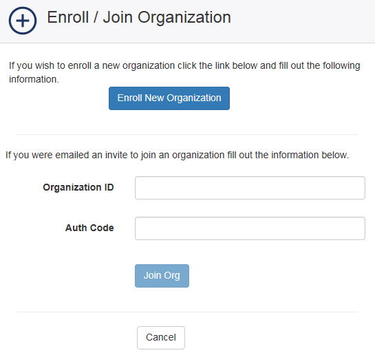 Screenshot of Enroll/Join Organization page