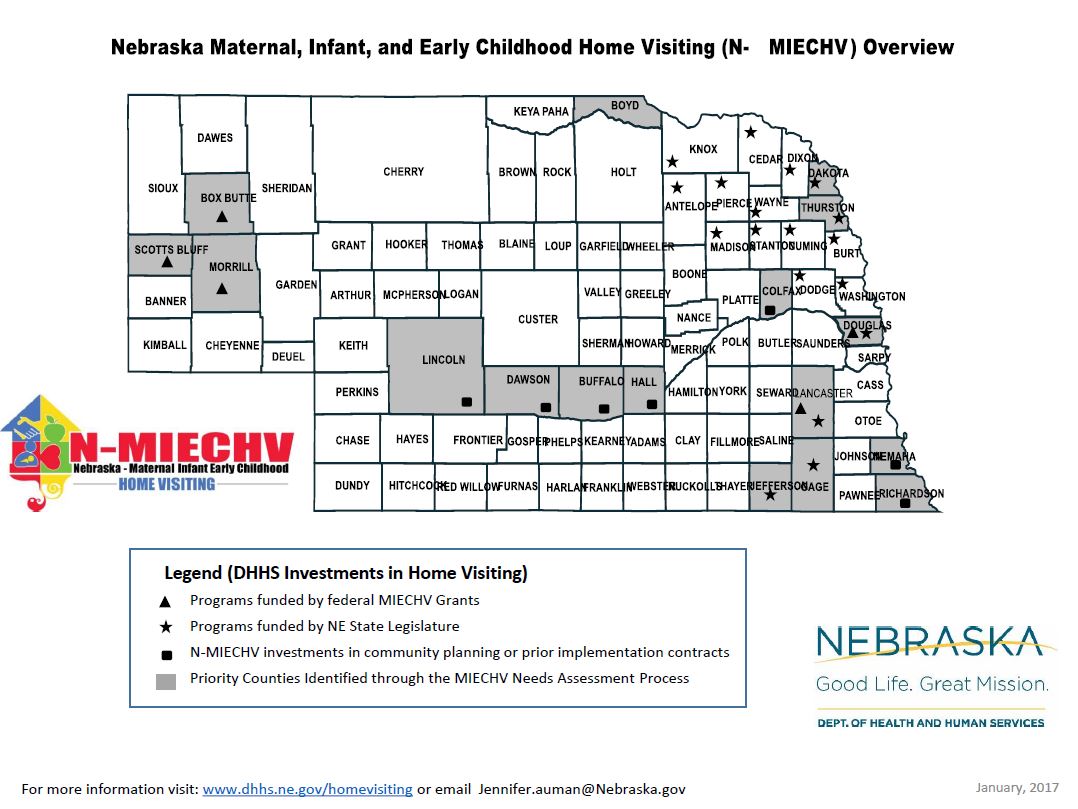 Nebraska map of Nebraska Maternal, Infant, and Early Childhood Home Visiting programs