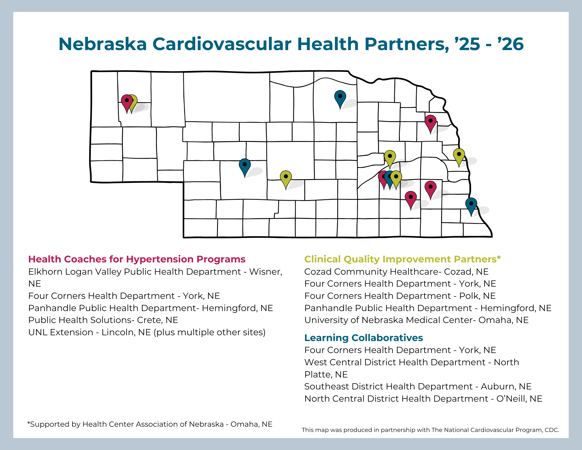 Map of Nebraska Cardiovascular Health Partners - Click to view the accessible PDF